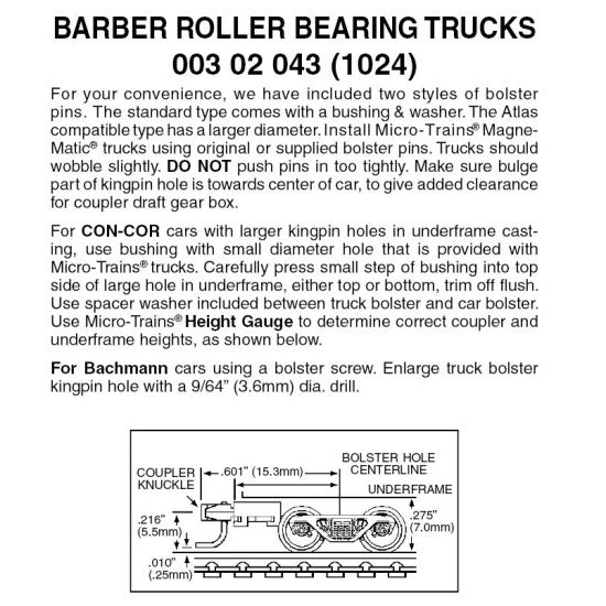 Barber Roller Bearing Trucks w/Medium Extension 1024 Freight Car Talgo Trucks - 00302043 : N