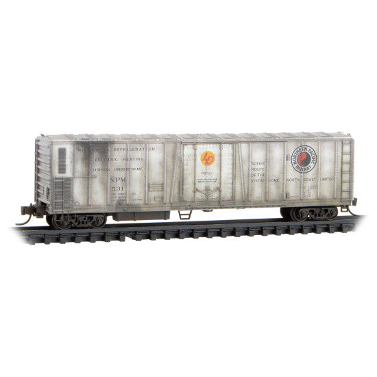 PC&F Class R-70-13 Steel Mechanical Reefer No Roofwalk - Ready to Run -- Northern Pacific #531 (Weathered, silver, Medium Monad Logo) - 08144040 : N