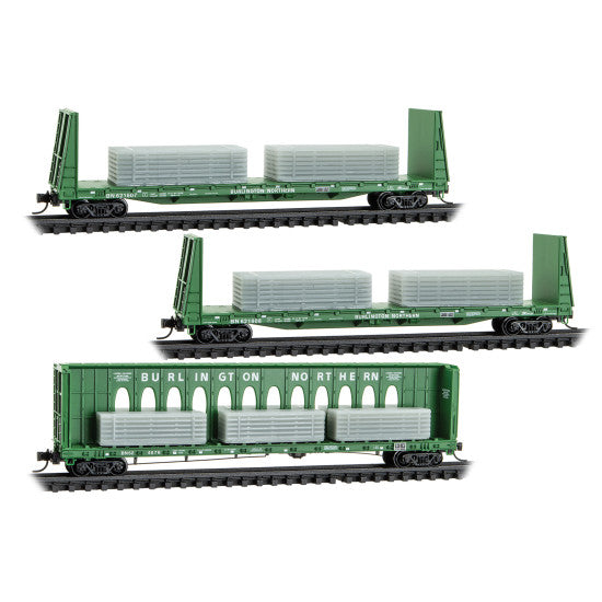Burlington Northern 60' Centerbeam Flatcar BN 624676 & Two 61' Bulkhead Flatcars BN 621608, 621607 - 98302261 : N