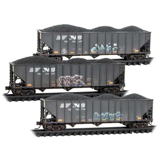 100-Ton 3-Bay Open Hoppers Norfolk Southern Weathered 3-Pack - 98305104 : N