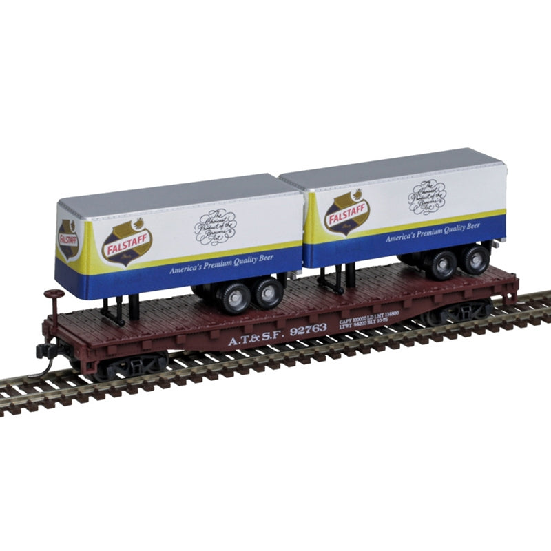 TRAINMAN 50' FLAT CAR W/2 TRAILERS FALSTAFF / ATSF #92756- 50006505 : N
