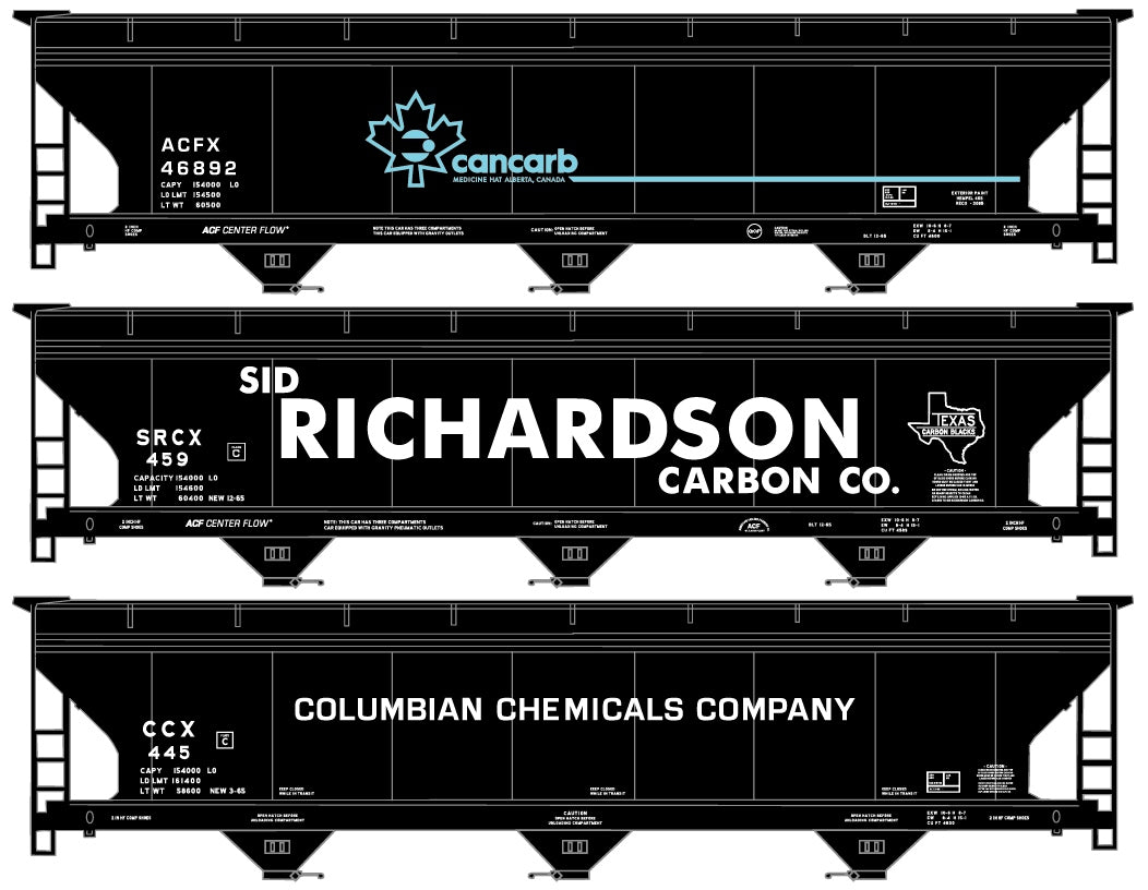 ACF 47' 3-Bay Center-Flow Covered Hopper 3-Pack Kit 1 Each: Cancarb, Sid Richardson, Columbian Chemicals - 8116 : HO