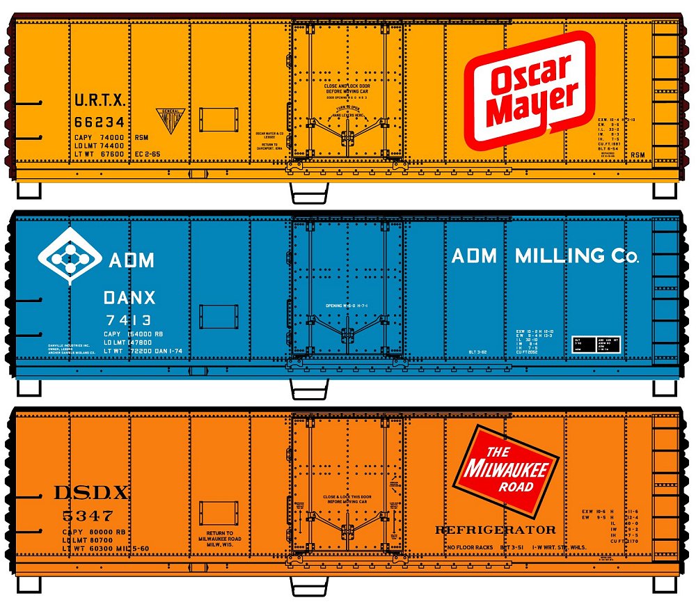 40' Plug Door Steel Reefer 3-Pack Kit Includes Oscar Mayer, ADM, Milwaukee Road - 4164 : HO