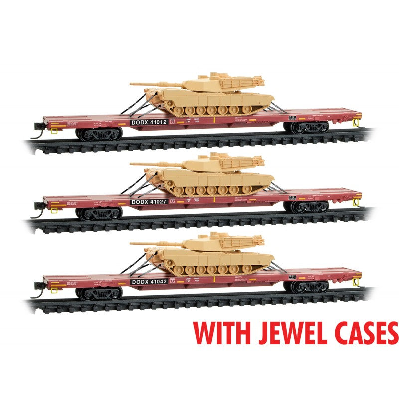 Department of Defense 4-Axle 68' Flatcar w/2 Abrams Tanks 3-Pack DODX 41012, 41027, 41042 - 98302214 : N
