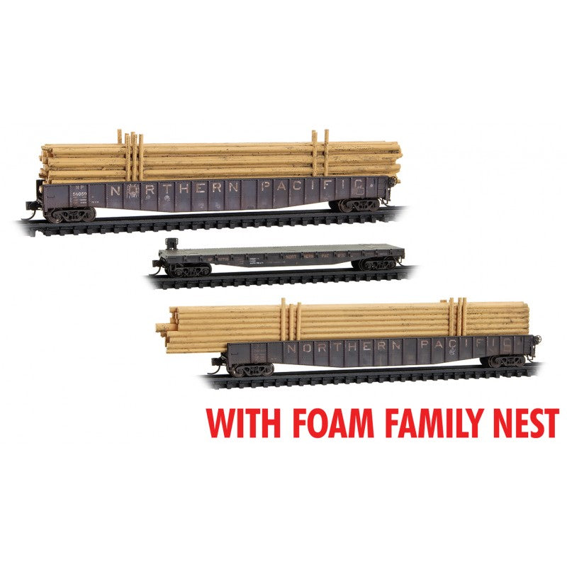65' Mill Gondola (2) & 50' Idler Flatcar Northern Pacific NP 56059, 56060, 62785 (3-Pack) - 99302240 : N