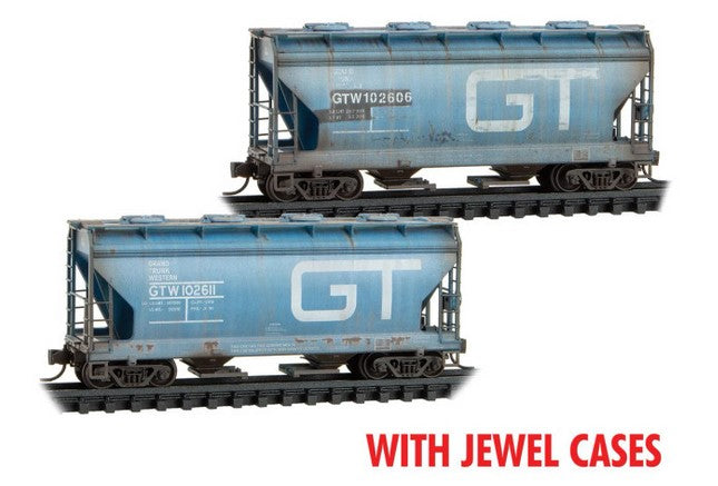 ACF 39' 2-Bay Center-Flow Covered Hopper w/Round Hatch 2-Pack - Grand Trunk Western #102606, 102611 (Weathered, blue, white) - RTR : N