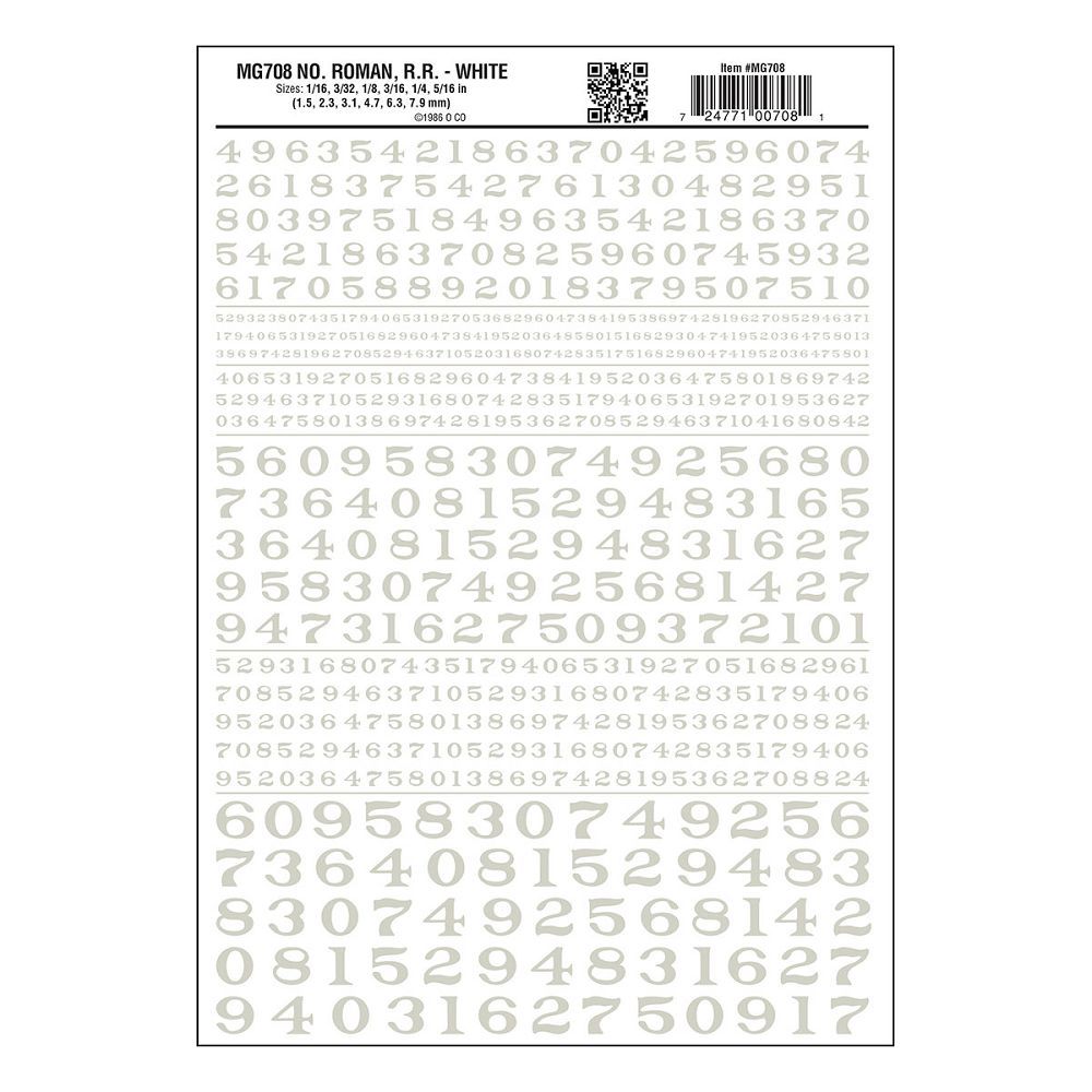 Dry Transfer Numbers - Roman Railroad, White 1/16" 3/32" 1/8" 3/16" 1/4" 5/16" - MG708