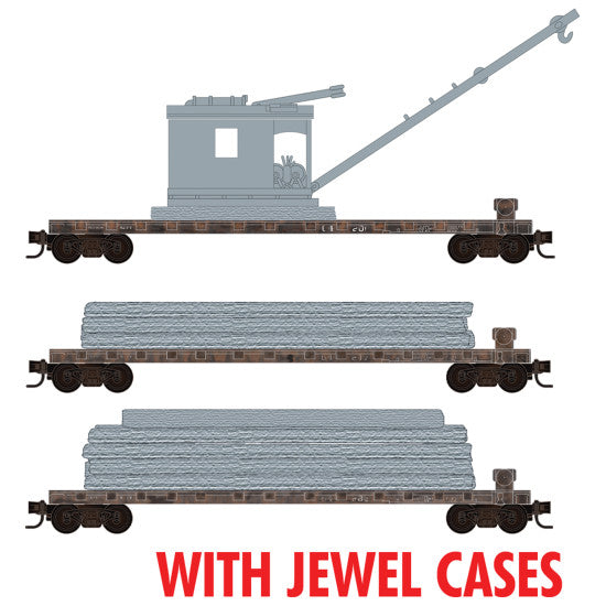 50' Straight-Side Flatcar 3-Pack w/Log Loader & Skid Loads - Ready to Run -- Painted, Weathered, Unlettered (unpainted load parts) - 98302254 : N