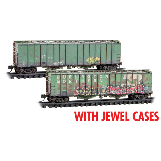 50' Airslide Covered Hopper 2-Pack - Ready to Run -- Burlington Northern #413223, 413368, Weathered w/graffiti - 98305081 : N