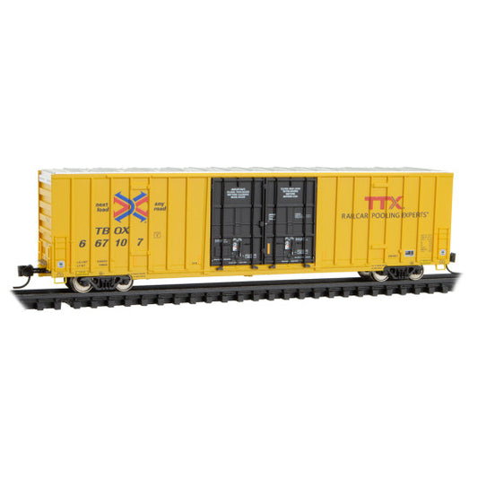 60' Rib-Side, Double-Plug-Door High-Cube Boxcar - Ready to Run -- TTX RBOX #667107 (yellow, black Red TTX Logo) - RTR - 12300022 : N