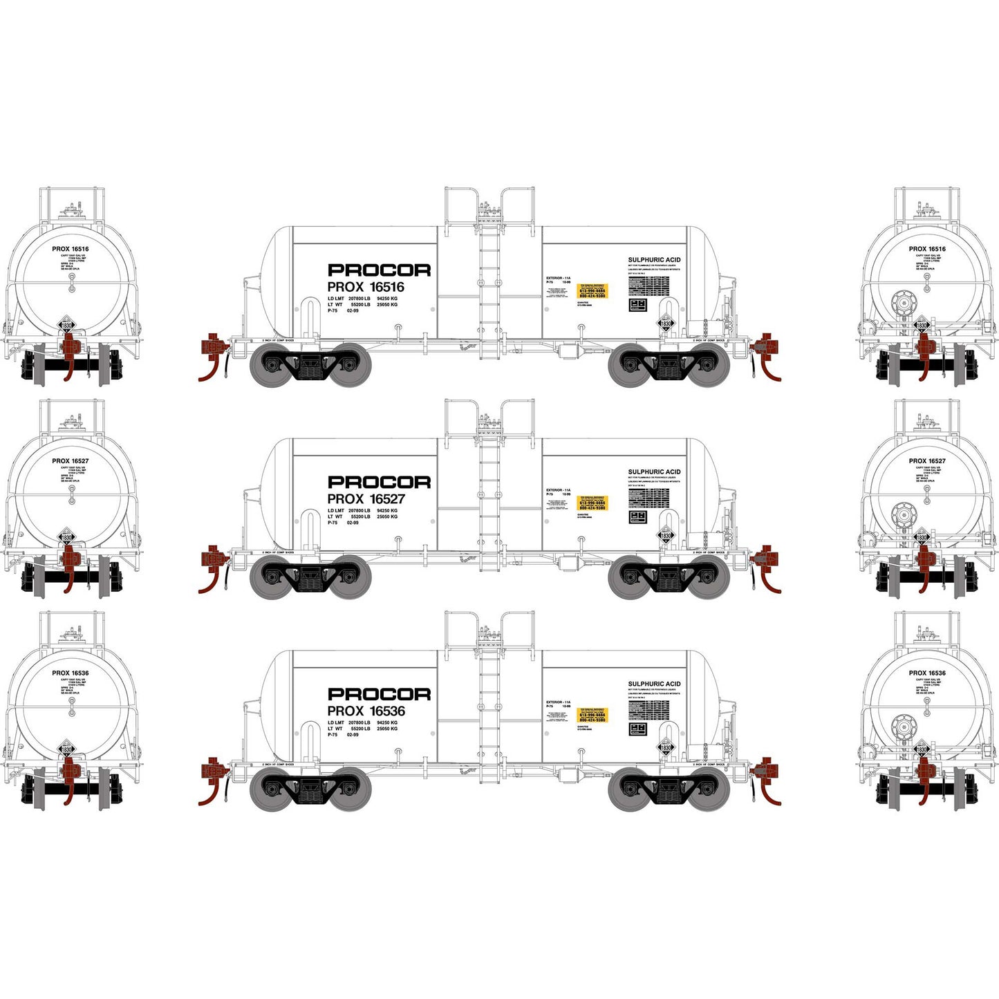 13600 Gal Acid Tank Car Procor, 3-Pack-G25762 : HO