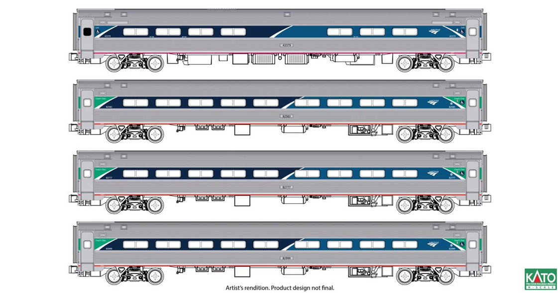 Amfleet I 3 Coach & Cafe Set - Ready to Run -- Amtrak #43379, 82583, 82777, 82899 - 1068021 : N