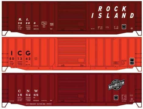 50' Exterior-Post Modern Boxcar 3-Pack - Kit -- Illinois Central Gulf 501362, Rock Island 36280, Chicago & North Western 155 - 8188 : HO