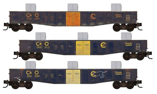 50' Steel Side 14-Panel Gondola w/Coil 3-Pack - Ready to Run Jewel Case -- Chessie System C&O - 98302253 : N