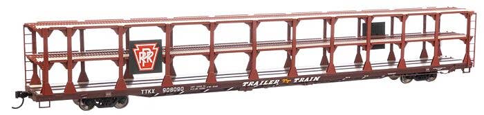 89' Flatcar w/Tri-Level Open Auto Rack - Pennsylvania Railroad Rack Trailer-Train Flatcar 908073 - 8213 : HO