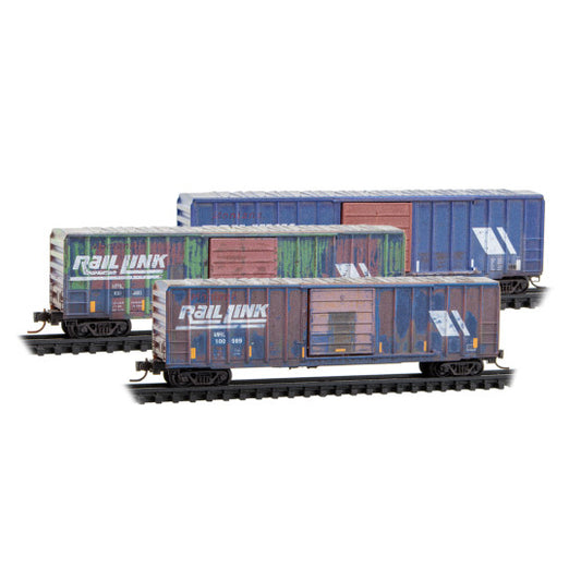 50’ Single Door Rib Side Box Car without Roofwalk, Montana Rail Link Weathered 3-Pack - 983105108 : N