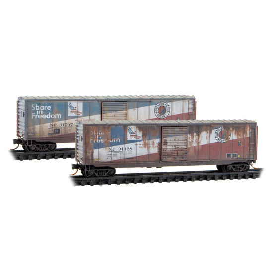 50’ Single Door Standard Box Car without Roofwalk Burlington Northern ex-Northern Pacific “Share in Freedom” Weathered 2-Pack - 983105109 : N