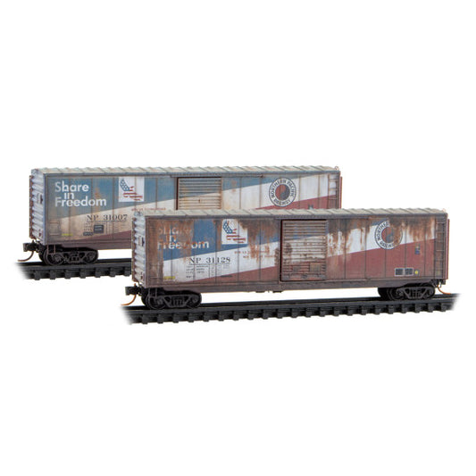 50’ Single Door Standard Box Car without Roofwalk Burlington Northern ex-Northern Pacific “Share in Freedom” Weathered 2-Pack - 983105109 : N
