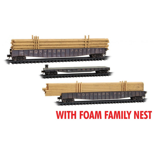 65' Mill Gondolas, 50' Idler Flatcar, Pole Loads - Northern Pacific (3-Pack) - 99302240 : N