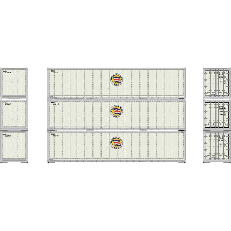 40' Smooth Side Containers, American Mail Line MAIL 202103, 202117, 202101 (3-pack) - 63388 : HO