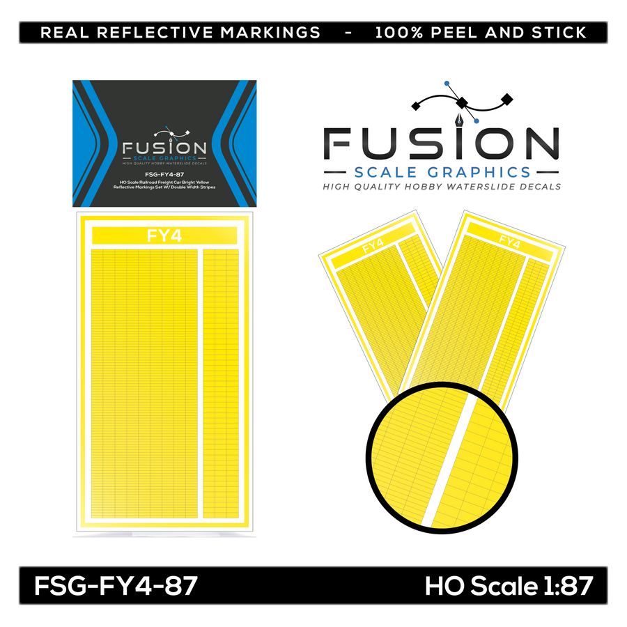 Railroad Freight Car Bright Yellow Reflective Markings Set W/ Double Width Stripes - FSGFY487 : HO