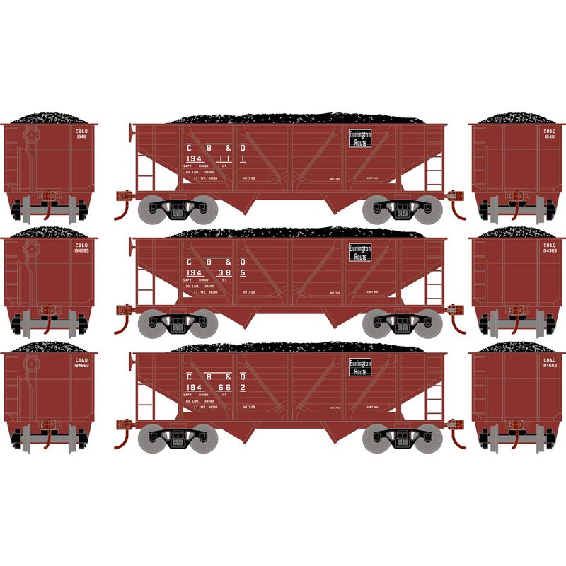 34' 2-Bay Composite Coal Hopper With Load Chicago Burlington & Quincy RTR 3-Pack-70802 : HO