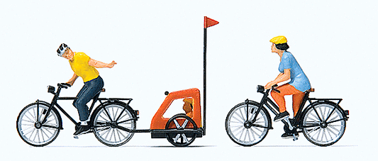 Family Bicycle Ride -- Mother Father Toddler 2 Bikes & Baby Trailer - 10636 : HO