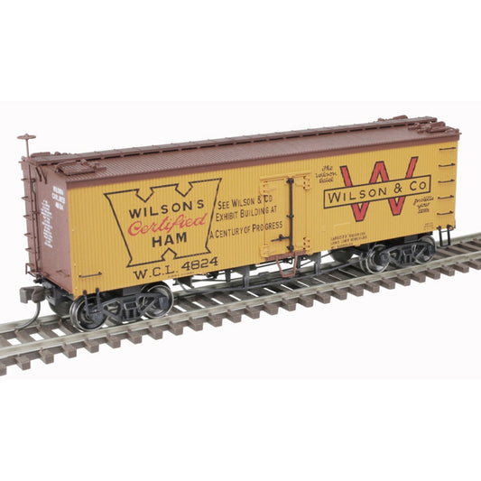 36' Wood Reefer - Ready to Run - Master(R) -- Wilson Packing Certified Ham #4828 (yellow, Boxcar Red, red) - 20007204 : HO