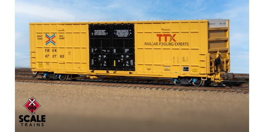 Rivet Counter N Scale Trinity 60' 7500 8' Double-Plug-Door High-Cube Boxcar (XRH61B), TTX/Conspicuity Stripes/TBOX #672793 - SXT41802 : N