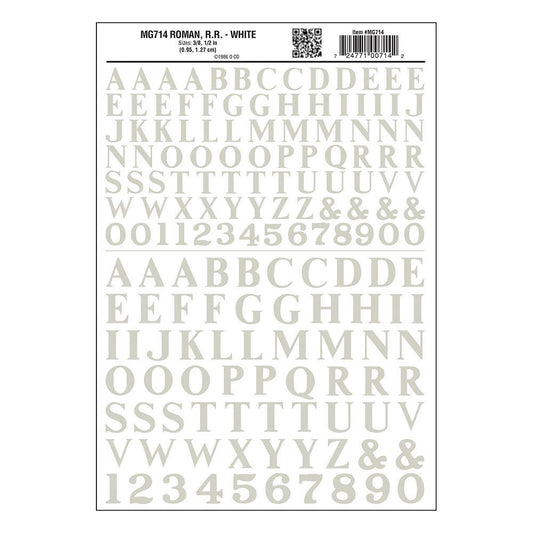 Dry Transfer Decals Alphabet & Numbers - Railroad Roman (3/8 & 1/2") - White - MG714