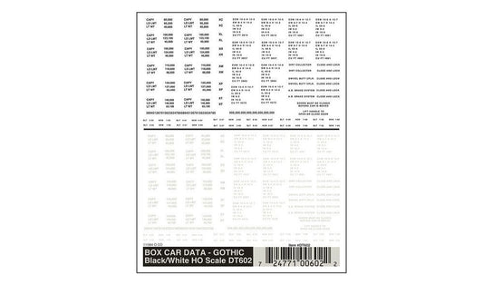 Dry Transfer Decals - Box Car Data, Gothic (Black/White) - DT602 : HO