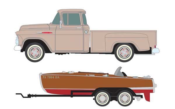 1957 Chevy Step-Side Pickup Truck Plus Wood Boat and Trailer - Arctic Beige - 40013 : HO