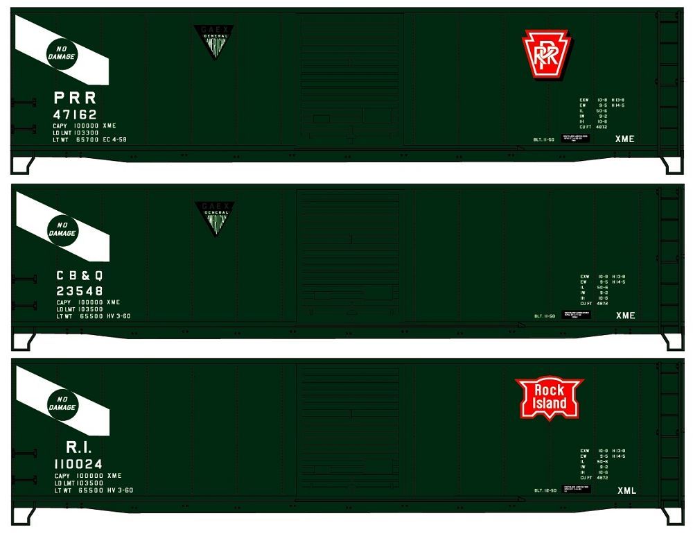 General American 50' Steel Boxcar 3-Car Set Pennsylvania CB&Q #23548, PRR #47162 and RI #110024 Kit - 8121 : HO